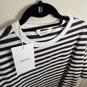Selected / Homme 100% Thick Cotton Organic‎ T-Shirt Men Large Brown Cream Stripe